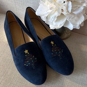 Talbots Size 8 Blue Suede Ryan Embroidered Christmas Tree Holiday Loafers